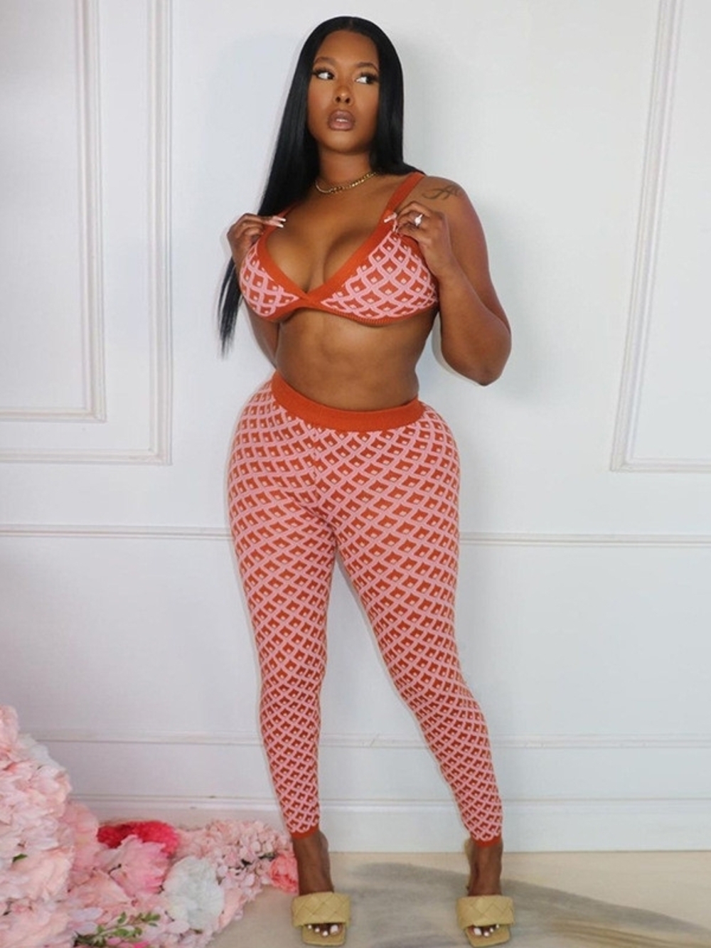 Rust Patterned Knit Bralette and Legging Set
